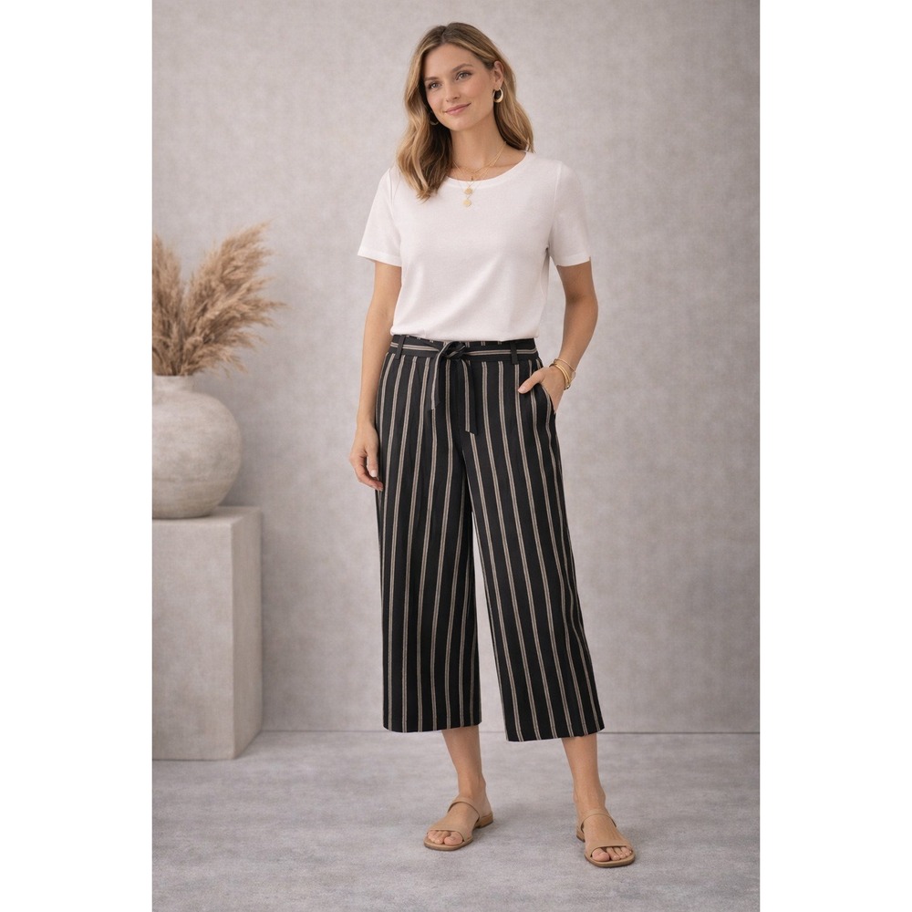 J. Jill Linen Stretch Striped Wide Leg Crop Pants‎ Black Tan Tie Waist Culottes